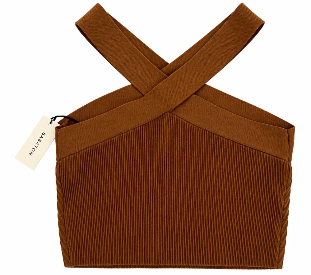 Babaton Aritzia Sculpt Knit Cross Crop Top M Constant Camel Brown Halter NWT